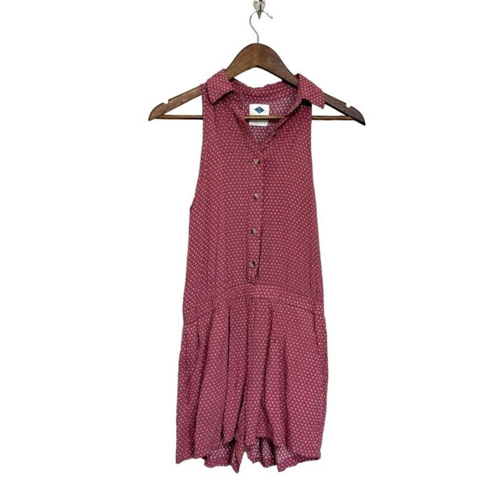 Boho Western Cowgirl Festival Romper Small Button Ditsy Leaf Print Wild‎ Blue